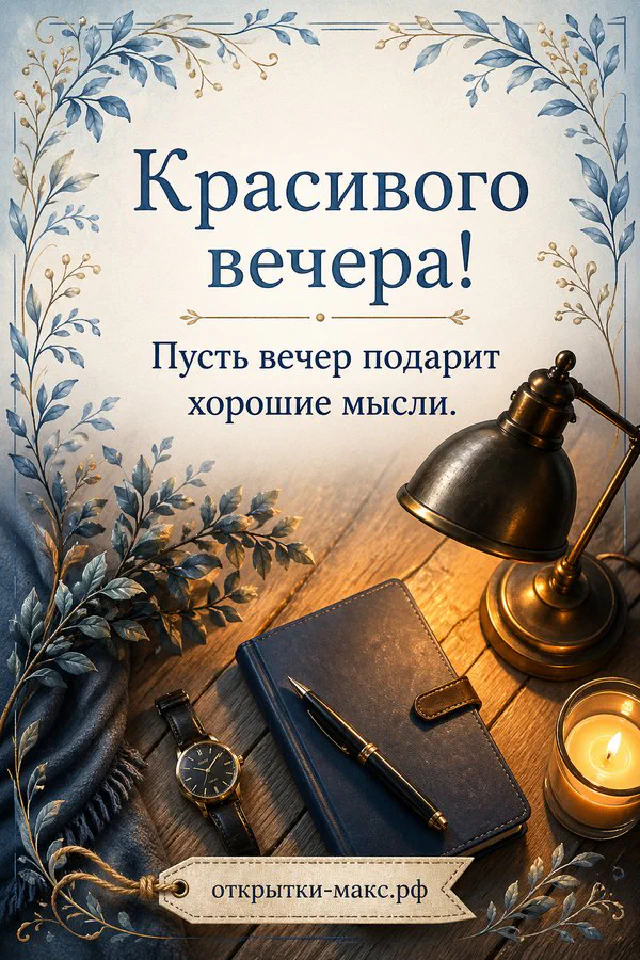 Голубая кружка с чаем и смайлом, домашнее печенье на блюдце и свеча — открытка Красивого вечера — вариант 4