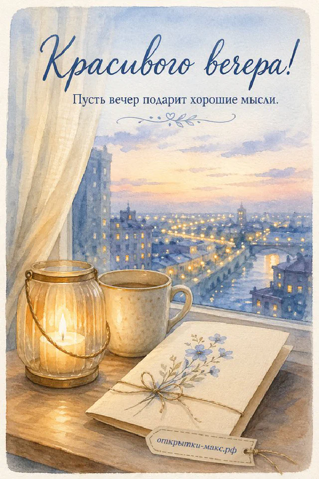 Голубая кружка с чаем и смайлом, домашнее печенье на блюдце и свеча — открытка Красивого вечера — вариант 5