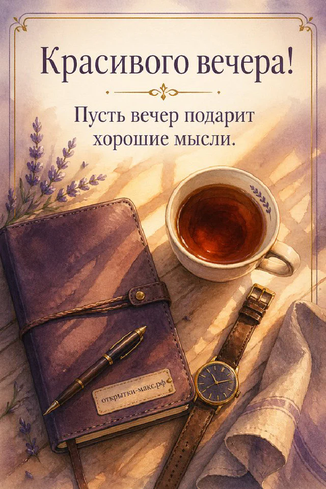 Голубая кружка с чаем и смайлом, домашнее печенье на блюдце и свеча — открытка Красивого вечера — вариант 6
