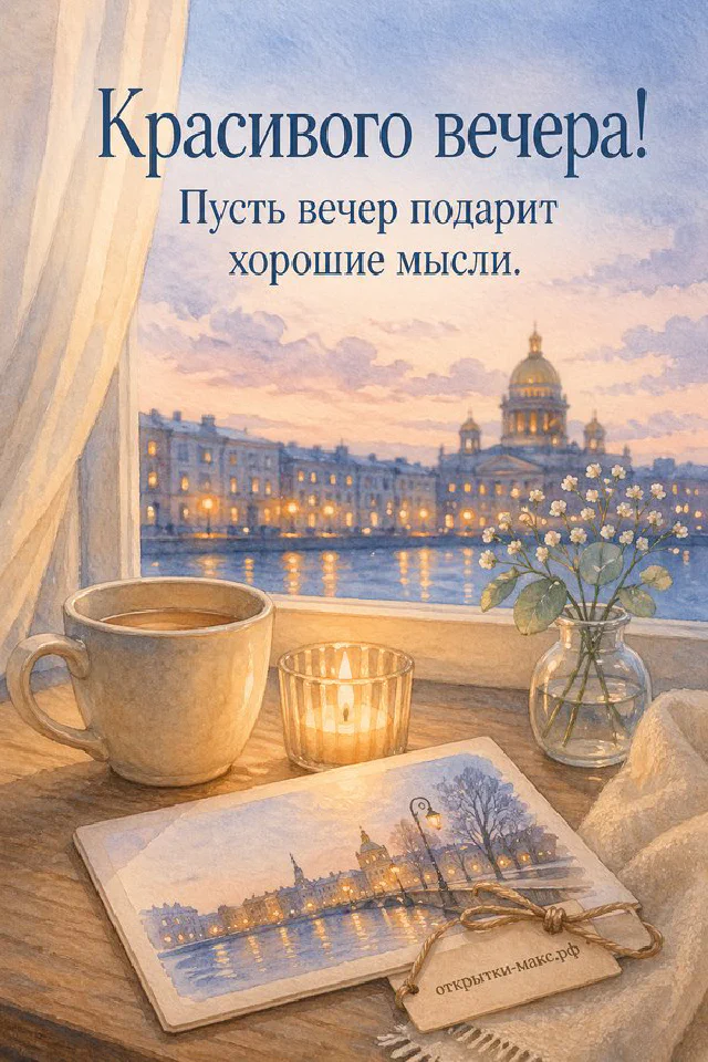 Голубая кружка с чаем и смайлом, домашнее печенье на блюдце и свеча — открытка Красивого вечера — вариант 8