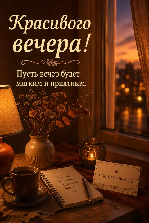 Чашка кофе, блокнот с записками и ваза у вечернего окна в золотистом свете — открытка Красивого вечера