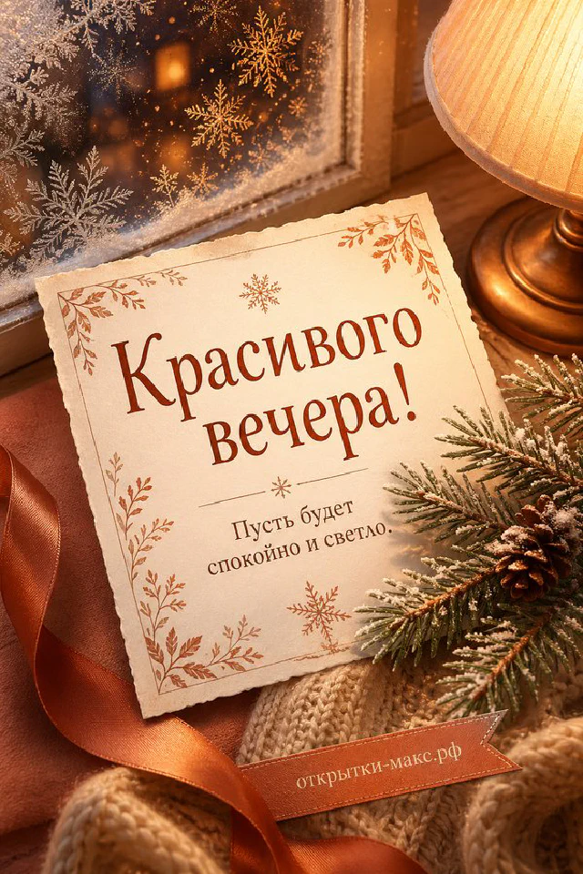 Акварельная открытка с настольной лампой у окна и ночным городом под луной, надпись Красивого вечера — вариант 6