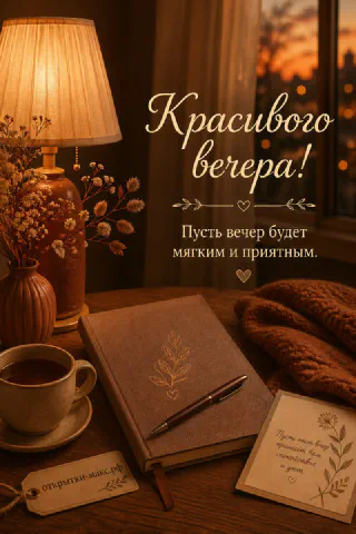 Настольная лампа, чашка кофе, блокнот с ручкой и ваза с сухоцветами у тёплого окна на закате