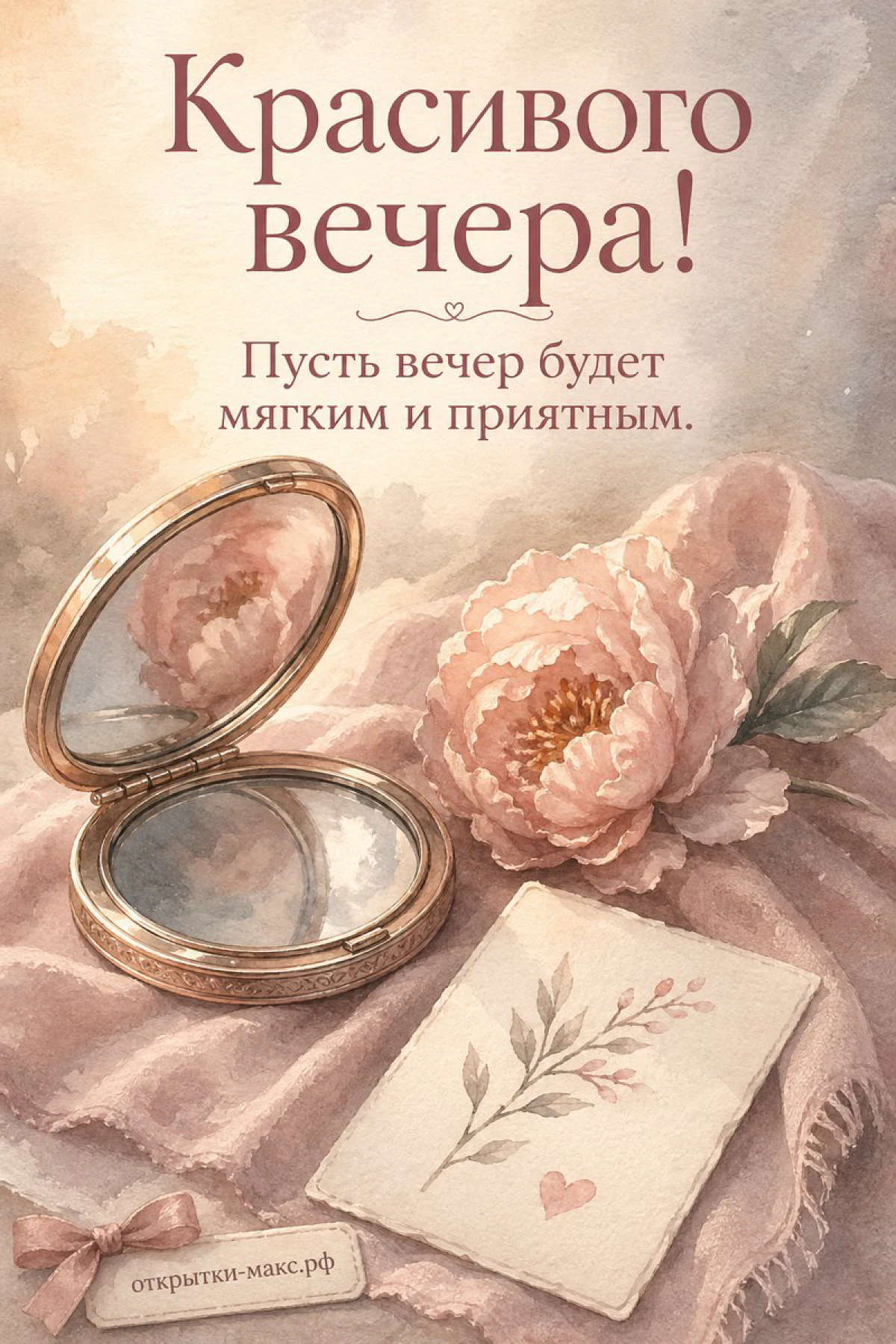 Круглое зеркало, розовый пион и записка на нежном розовом фоне — акварельная открытка Красивого вечера