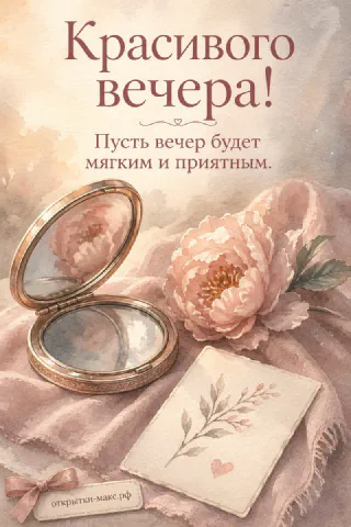 Круглое зеркало, розовый пион и записка на нежном розовом фоне — акварельная открытка Красивого вечера