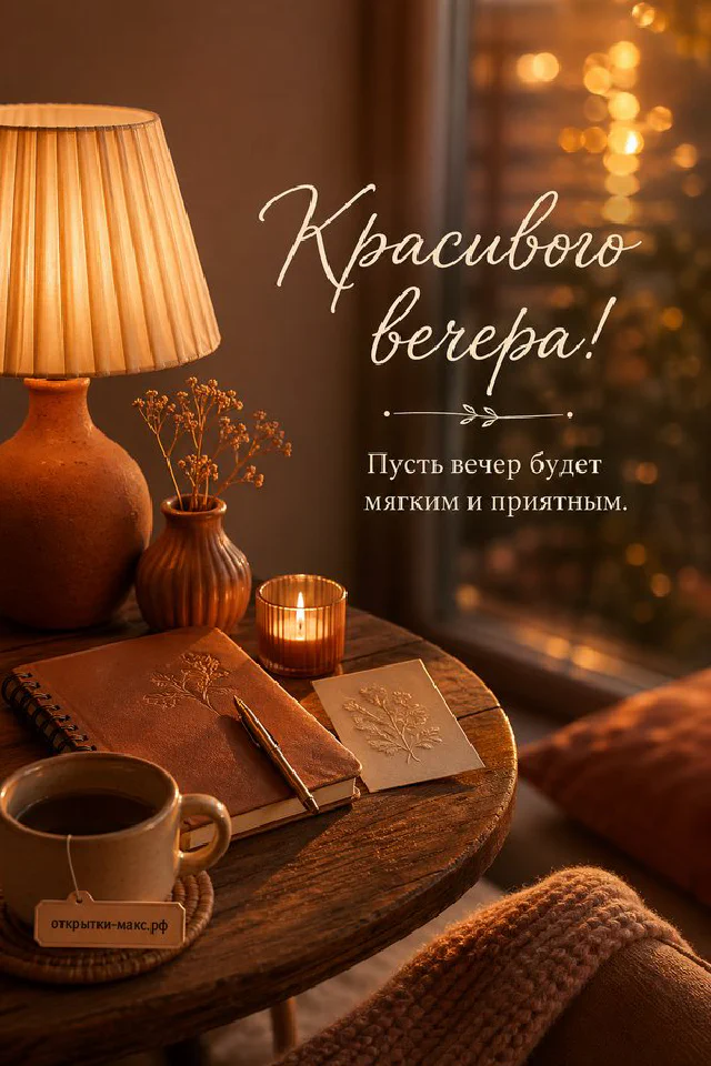 Круглое зеркало, розовый пион и записка на нежном розовом фоне — акварельная открытка Красивого вечера — вариант 2