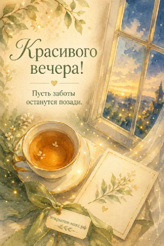 Акварельная чашка чая с золотым ободком и ботаническая открытка с листьями у ночного городского окна