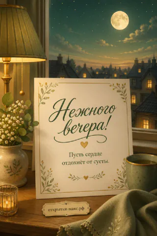Карточка «Нежного вечера!» у ночного окна с большой луной и городскими крышами, ваза с белыми цветами и свеча