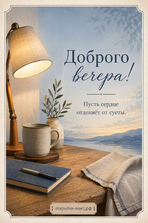 Настольная лампа, серая кружка чая и синий блокнот на деревянном столе с видом на озеро