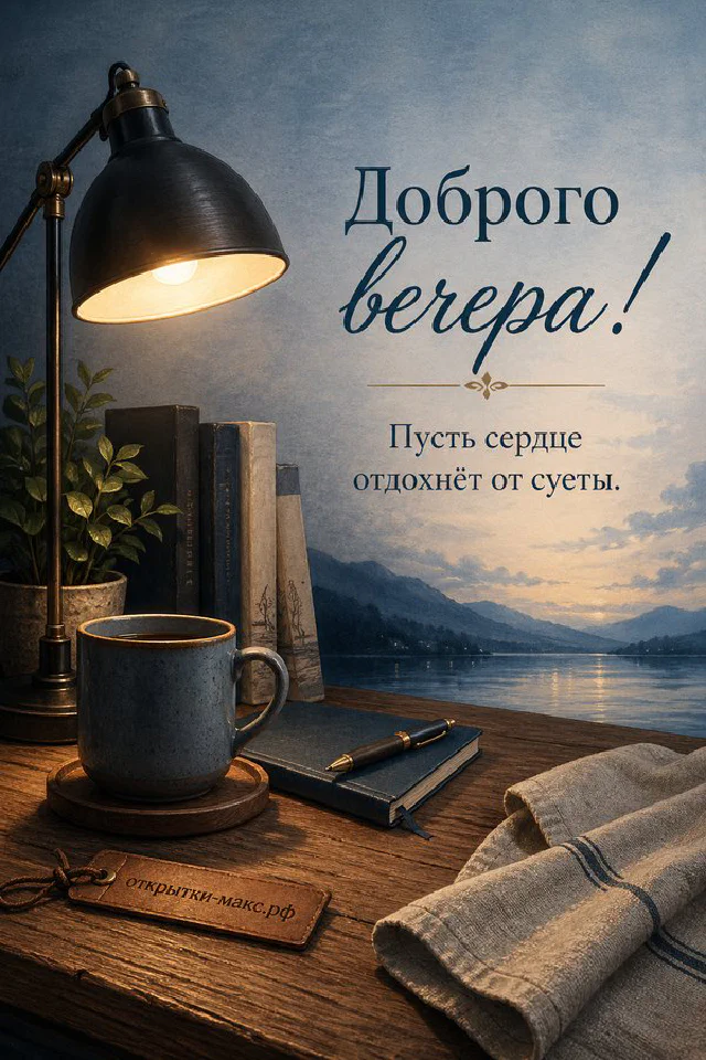 Настольная лампа, серая кружка чая и синий блокнот на деревянном столе с видом на озеро — вариант 2