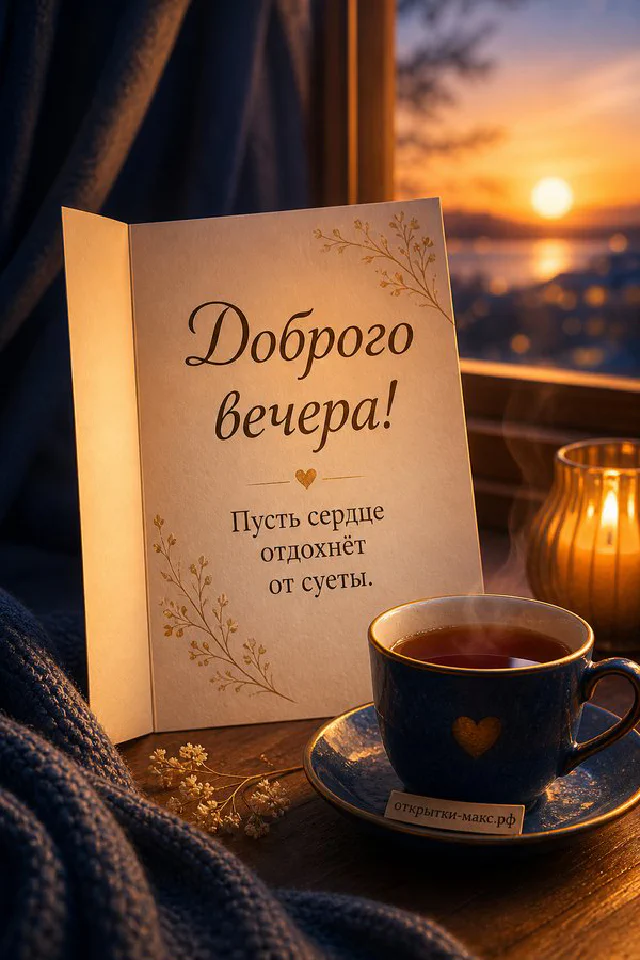 Настольная лампа, серая кружка чая и синий блокнот на деревянном столе с видом на озеро — вариант 3