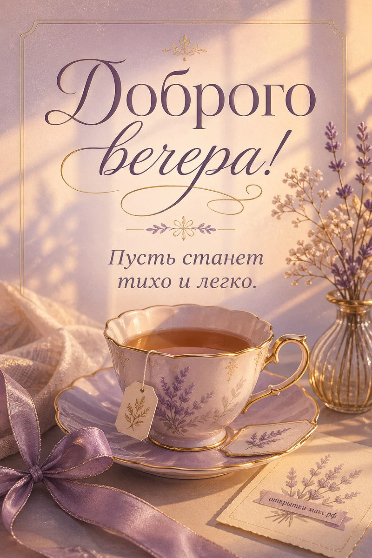 Фарфоровая чашка чая с лавандовым узором, ветки лаванды и сиреневая лента на светлом столе