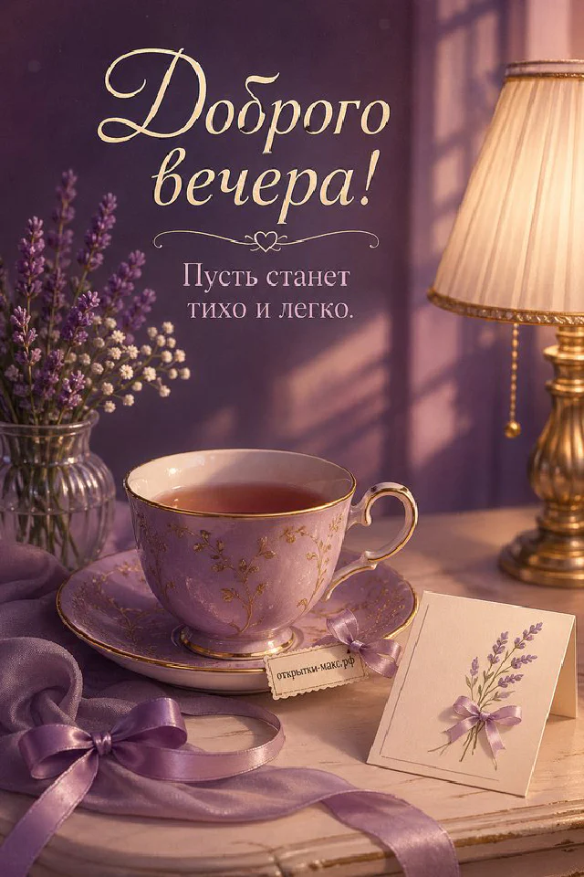 Фарфоровая чашка чая с лавандовым узором, ветки лаванды и сиреневая лента на светлом столе — вариант 7