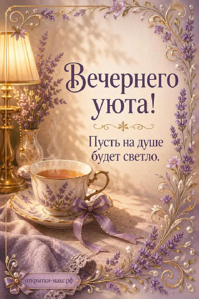 Фарфоровый чайник и чашка с лавандой в сиреневых тонах, золотая лампа и цветы на светлом фоне — вариант 2