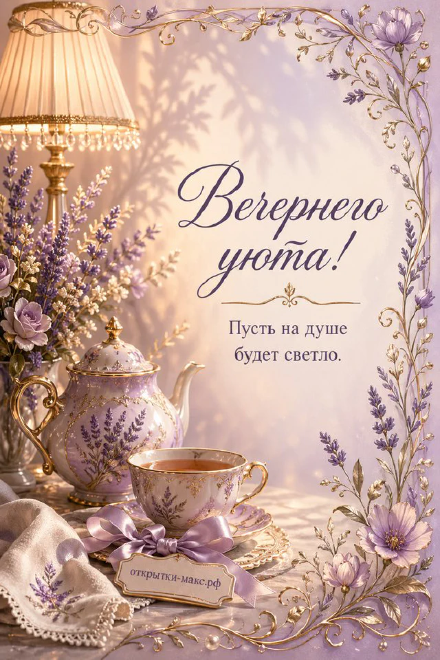 Фарфоровый чайник и чашка с лавандой в сиреневых тонах, золотая лампа и цветы на светлом фоне — вариант 7