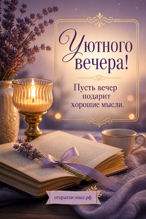 Раскрытая книга с лавандой, золотая свеча и чашка чая на фиолетовом фоне