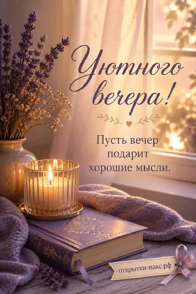 Раскрытая книга с лавандой, золотая свеча и чашка чая на фиолетовом фоне — вариант 5