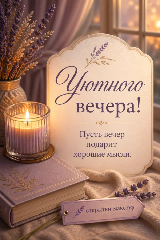 Раскрытая книга с лавандой, золотая свеча и чашка чая на фиолетовом фоне — вариант 8