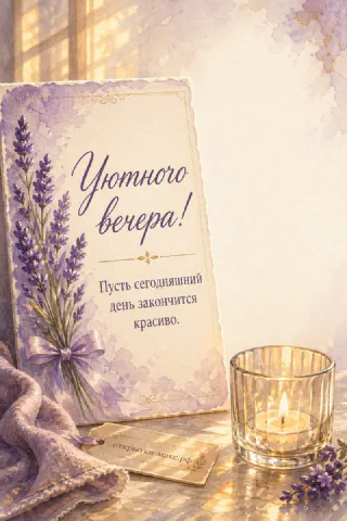 Акварельная открытка с букетом лаванды у горящей свечи в стеклянном подсвечнике