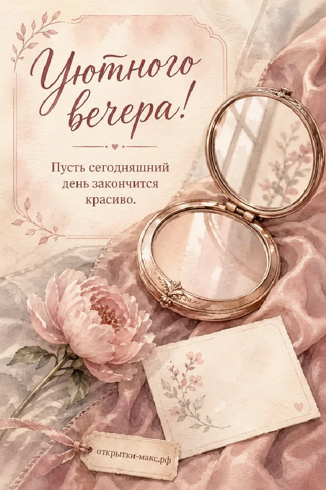 Акварельная открытка с букетом лаванды у горящей свечи в стеклянном подсвечнике — вариант 2