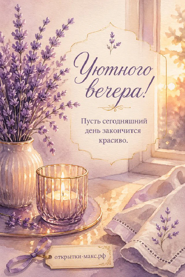 Акварельная открытка с букетом лаванды у горящей свечи в стеклянном подсвечнике — вариант 5