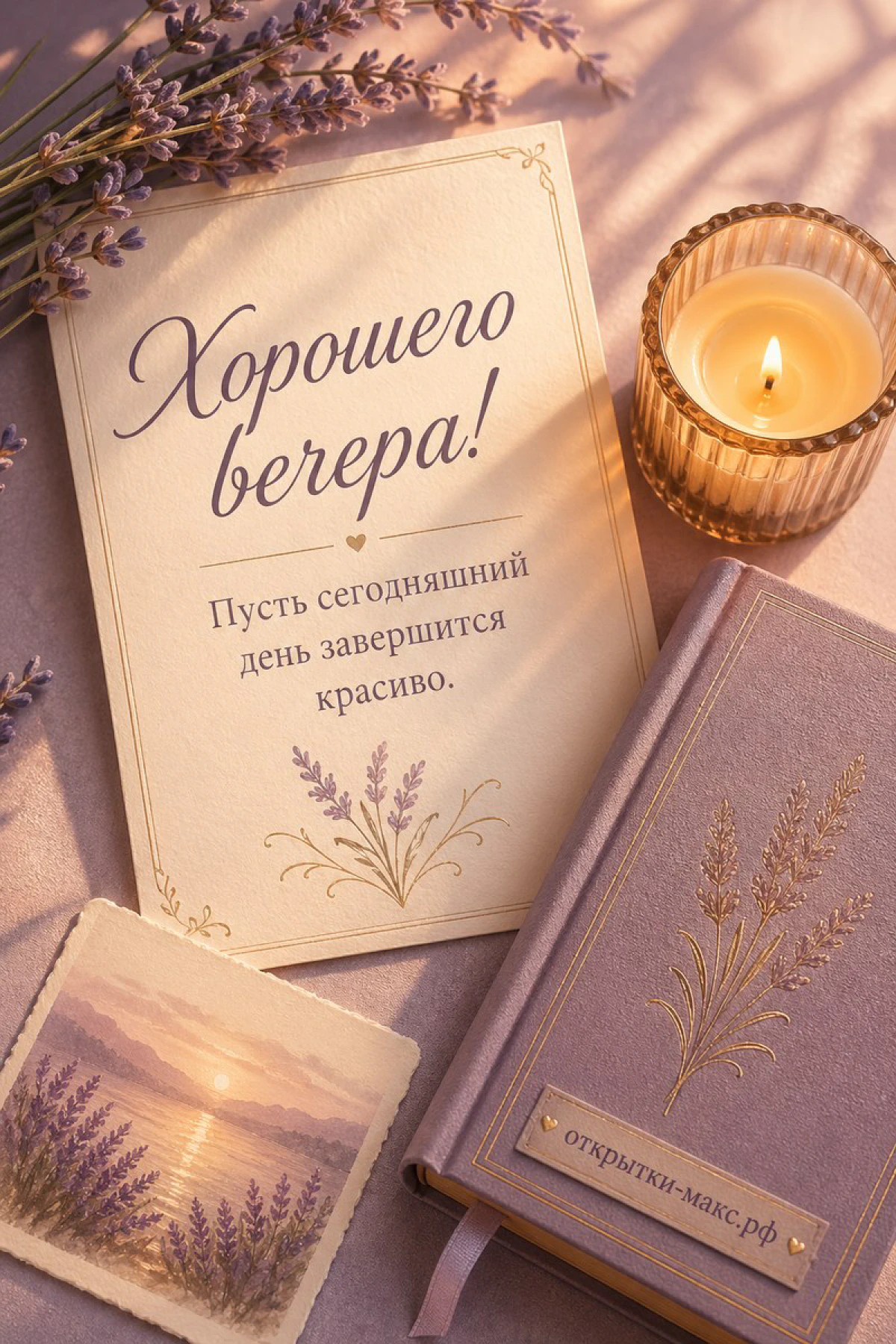 Открытка с надписью на фоне лаванды, рядом свеча и книга лилового цвета