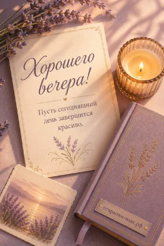 Открытка с надписью на фоне лаванды, рядом свеча и книга лилового цвета