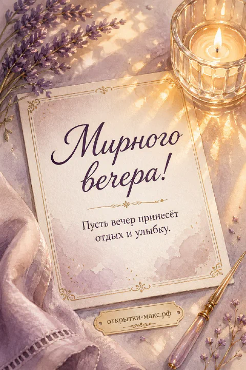 Открытка с текстом Мирного вечера на светлом фоне рядом с пучком лаванды, золотой свечой и перьевой ручкой