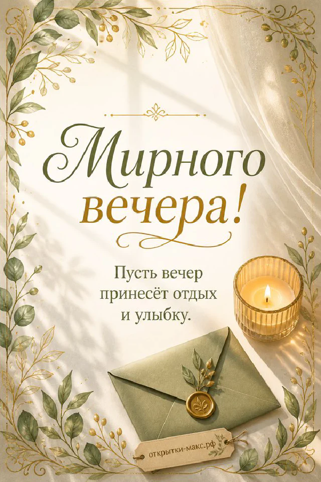 Открытка с текстом Мирного вечера на светлом фоне рядом с пучком лаванды, золотой свечой и перьевой ручкой — вариант 2