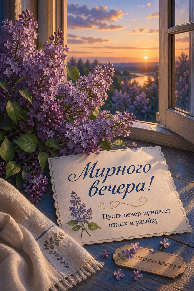 Открытка с текстом Мирного вечера на светлом фоне рядом с пучком лаванды, золотой свечой и перьевой ручкой — вариант 3