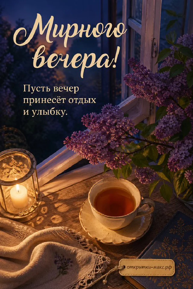 Открытка с текстом Мирного вечера на светлом фоне рядом с пучком лаванды, золотой свечой и перьевой ручкой — вариант 4