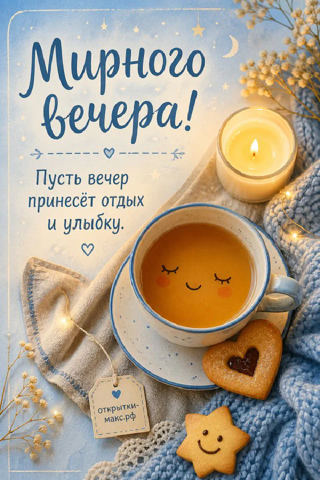 Открытка с текстом Мирного вечера на светлом фоне рядом с пучком лаванды, золотой свечой и перьевой ручкой — вариант 5