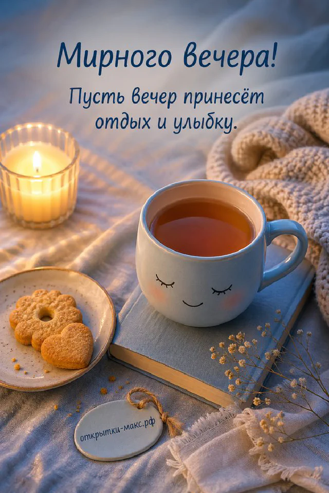 Открытка с текстом Мирного вечера на светлом фоне рядом с пучком лаванды, золотой свечой и перьевой ручкой — вариант 6