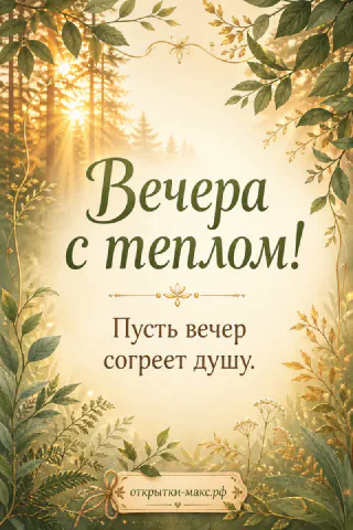 Лесной закат с золотыми солнечными лучами и рамка из зелёных и золотых листьев