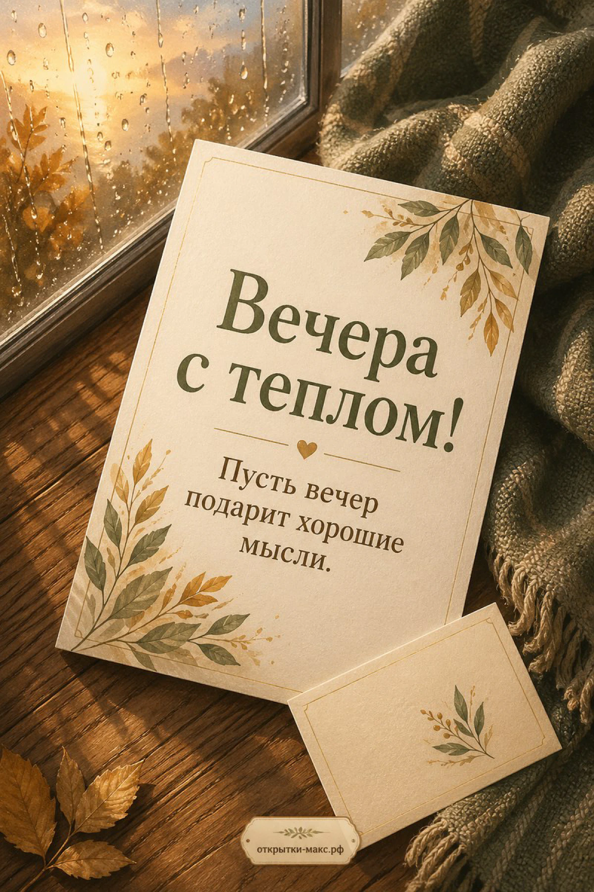 Большая карточка «Вечера с теплом!» с ботаническими листьями у дождливого окна и маленькая открытка с листьями