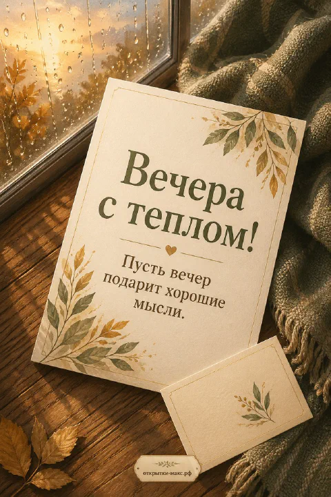 Большая карточка «Вечера с теплом!» с ботаническими листьями у дождливого окна и маленькая открытка с листьями