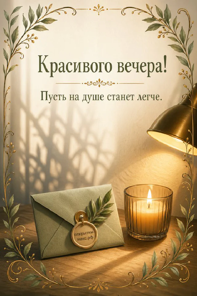 Большая улыбающаяся кружка в вязаном чехле с печеньем и свечой на деревянном подносе у окна с вечерним небом — вариант 2