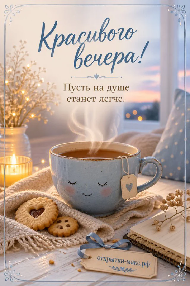 Большая улыбающаяся кружка в вязаном чехле с печеньем и свечой на деревянном подносе у окна с вечерним небом — вариант 3