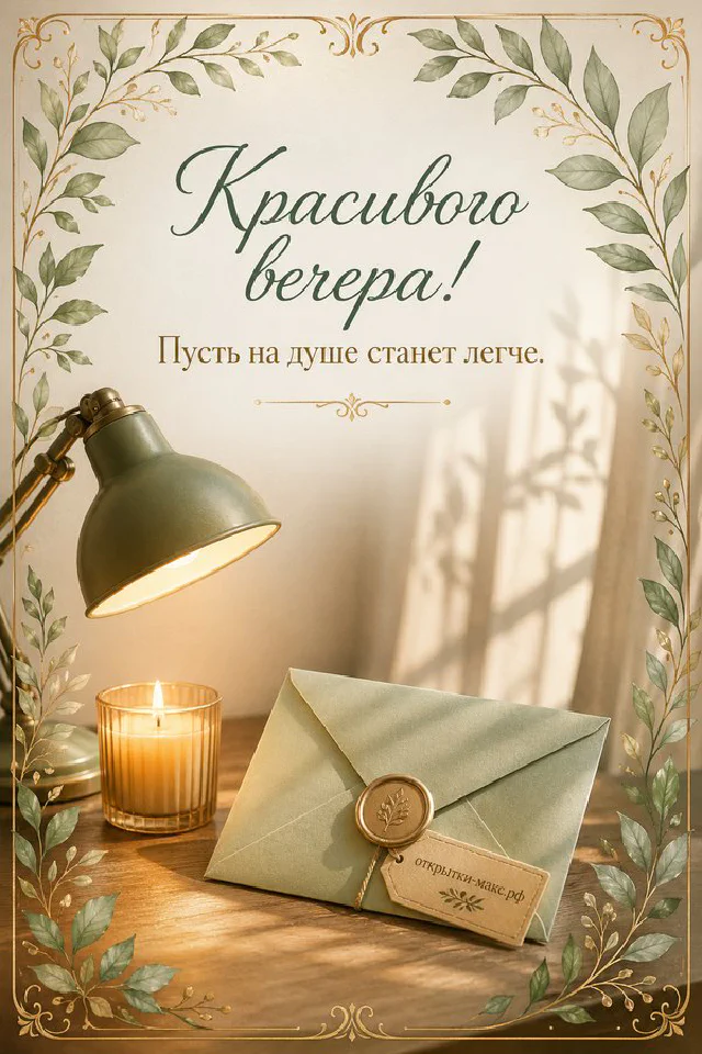 Большая улыбающаяся кружка в вязаном чехле с печеньем и свечой на деревянном подносе у окна с вечерним небом — вариант 4