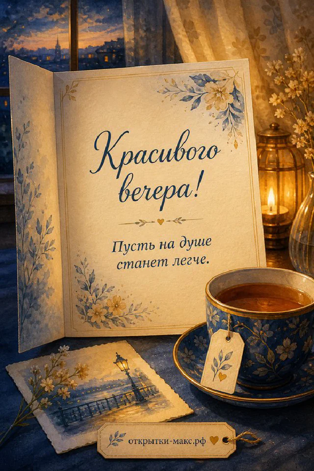 Большая улыбающаяся кружка в вязаном чехле с печеньем и свечой на деревянном подносе у окна с вечерним небом — вариант 5