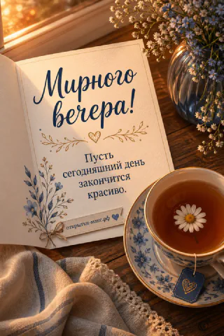 Открытка-записка с надписью Мирного вечера рядом с чашкой чая с ромашкой и вазой с полевыми цветами