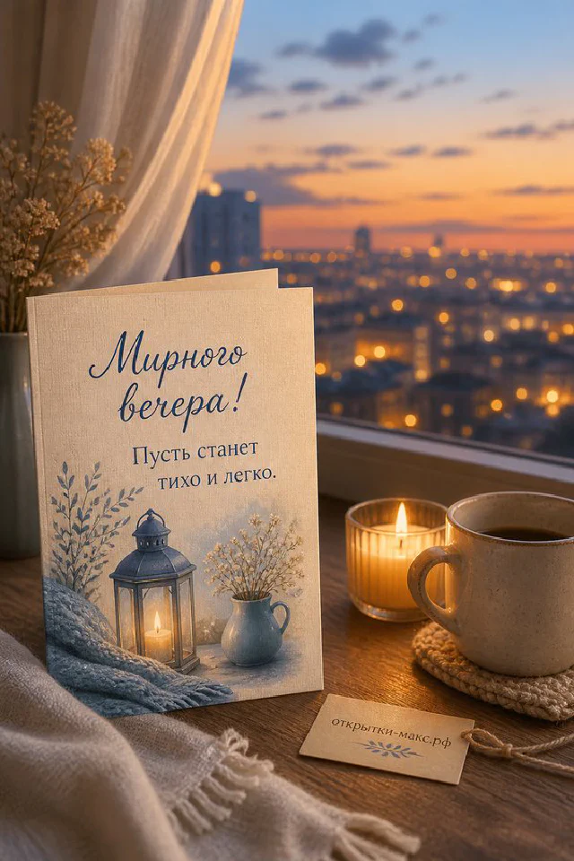 Акварельный зимний натюрморт с фонарём, кружкой какао и варежкой на подоконнике, за стеклом заснеженный город — вариант 3