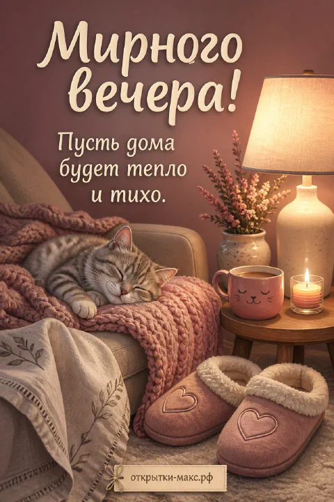 Серая кошка спит на розовом пледе у тёплой лампы и свечи — открытка Мирного вечера