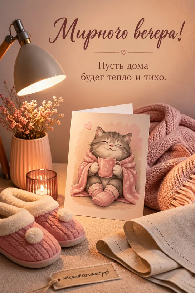 Серая кошка спит на розовом пледе у тёплой лампы и свечи — открытка Мирного вечера — вариант 2