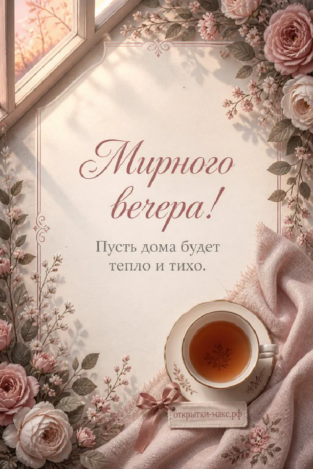 Серая кошка спит на розовом пледе у тёплой лампы и свечи — открытка Мирного вечера — вариант 3