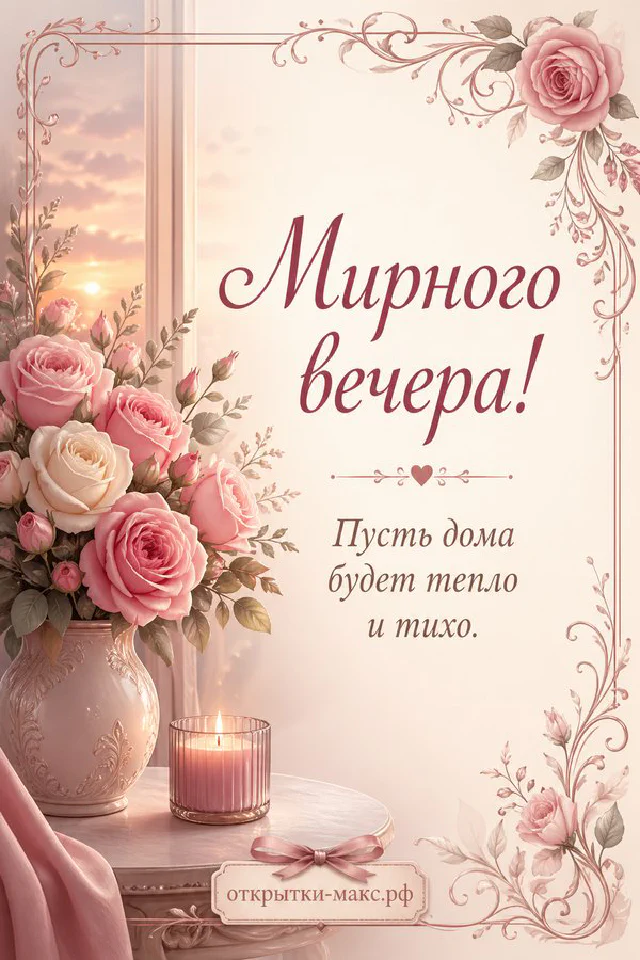 Серая кошка спит на розовом пледе у тёплой лампы и свечи — открытка Мирного вечера — вариант 4
