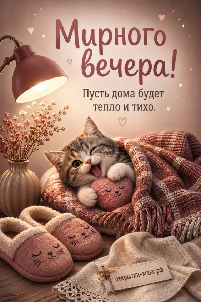 Серая кошка спит на розовом пледе у тёплой лампы и свечи — открытка Мирного вечера — вариант 5