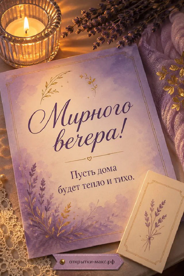 Серая кошка спит на розовом пледе у тёплой лампы и свечи — открытка Мирного вечера — вариант 6