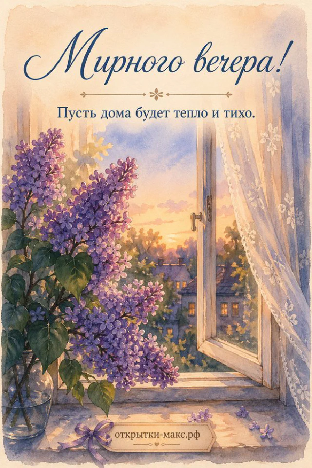 Серая кошка спит на розовом пледе у тёплой лампы и свечи — открытка Мирного вечера — вариант 7