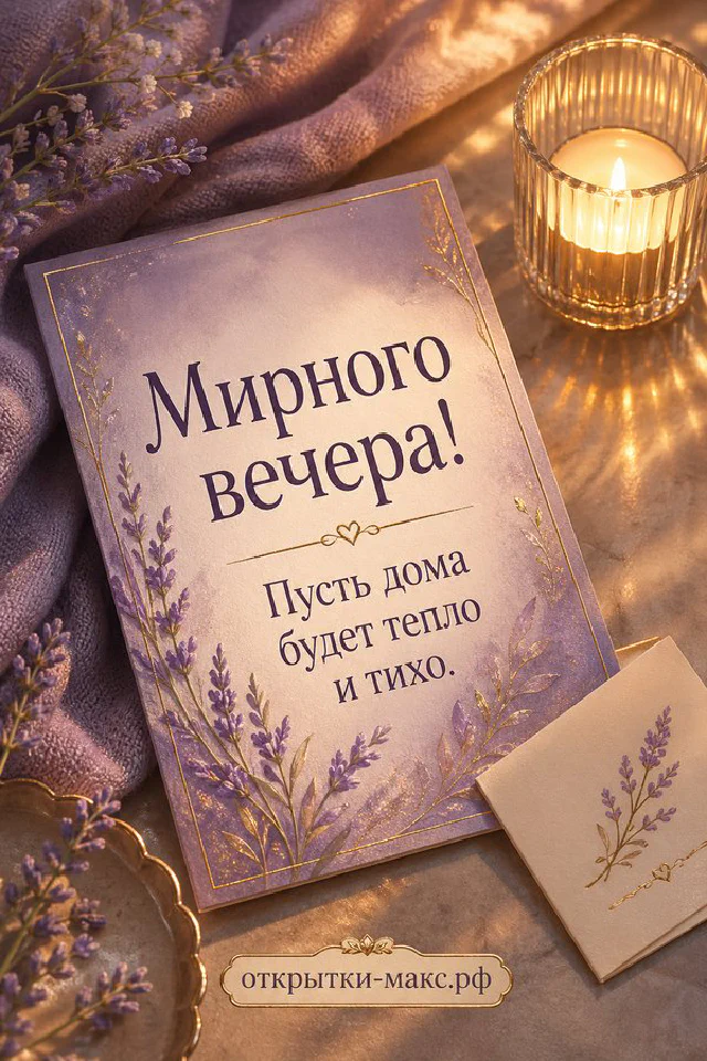 Серая кошка спит на розовом пледе у тёплой лампы и свечи — открытка Мирного вечера — вариант 8
